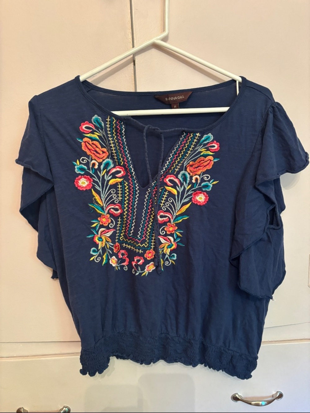 Ranna Gill Navy Embroidered Floral Peasant Top